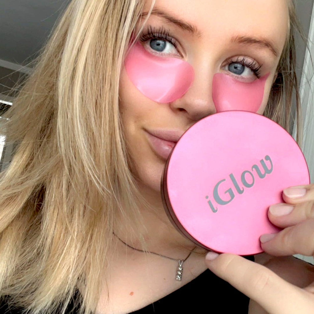 iGlow Raspberry Eye Patches in use